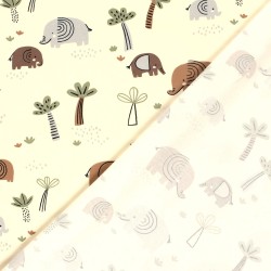 Tissu Jersey coton Éléphant dans la Savane Fond Blanc écru | Tissus Loup