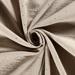 Tela doble gasa gris-beige con lunares dorados | Telas Lobo