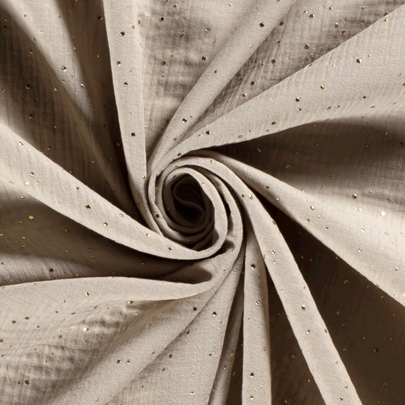 Double gauze fabric Gray-Beige with Gold Dots | Wolf Fabrics
