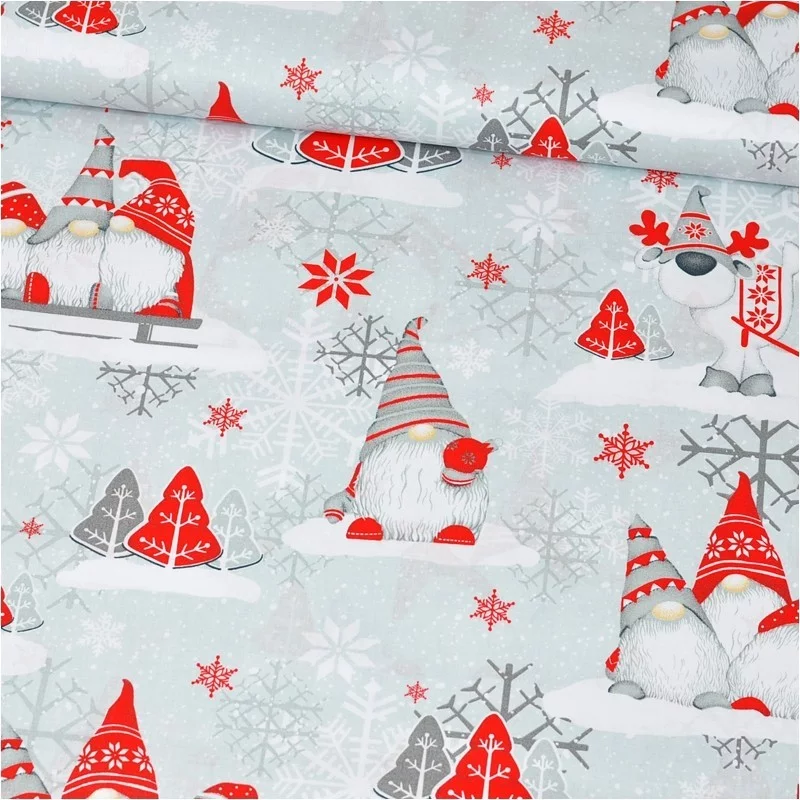 Tissu Coton Lutins de Noël - Bonnets Rouge et Gris Nikita Loup