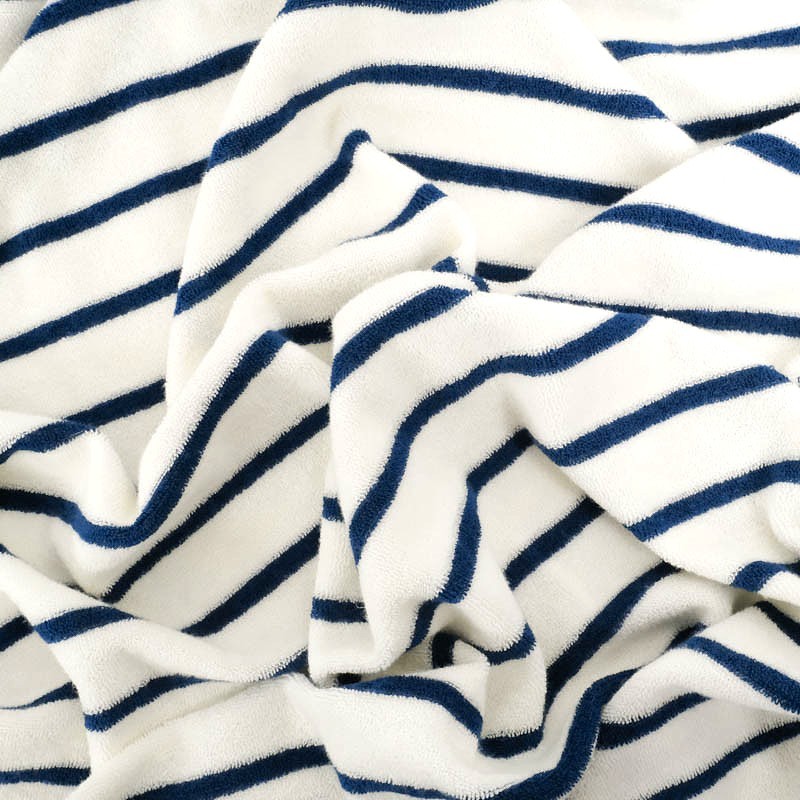 Mini terry jersey fabric navy blue stripes off-white background | Wolf Fabrics