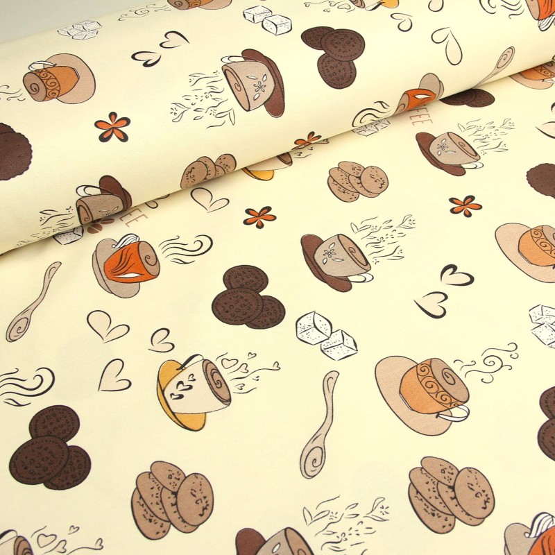 Tissu Déco Semi-Panama Café et Biscuits Fond Crème| Tissus Loup