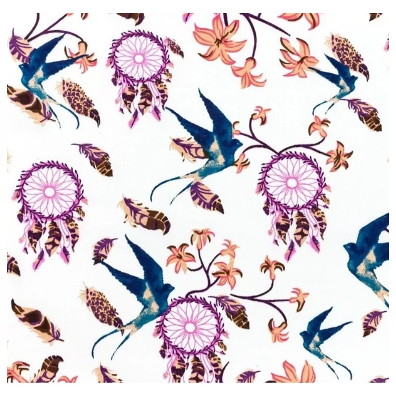 Tessuto di Cotone Acchiappasogni Viola e Colibrì | Tissus Loup