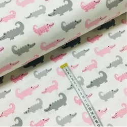 Tecido de Algodão Crocodilos Rosa e Cinza | Tissus Loup