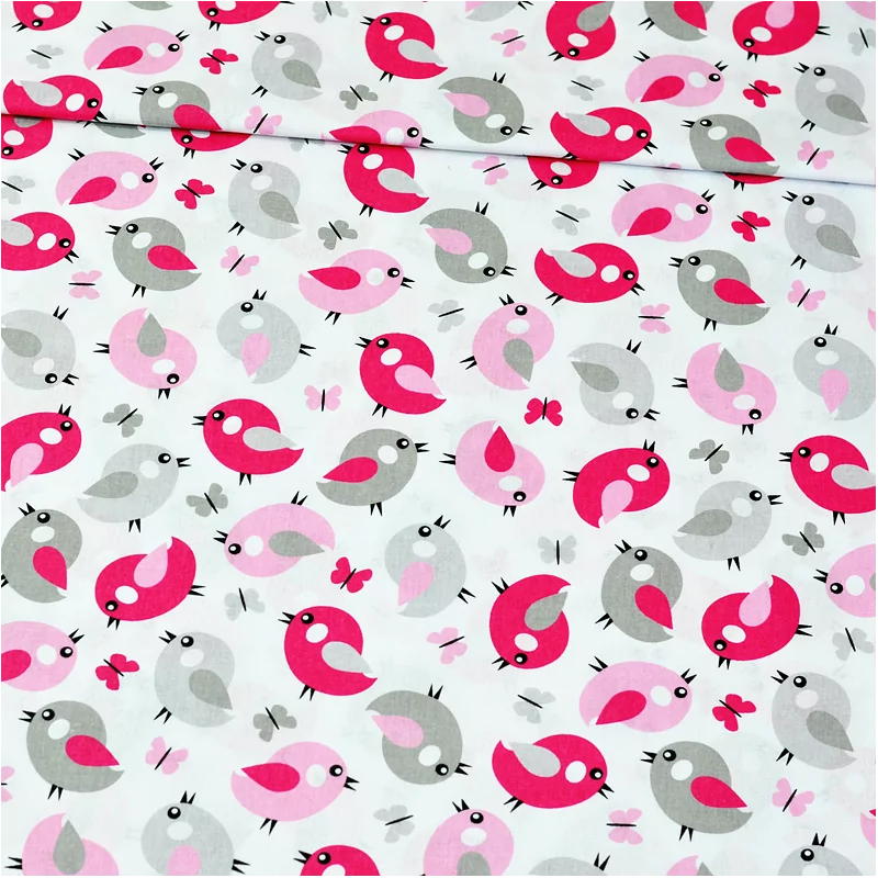 Tela de algodón rosa y pájaros grises. Nikita Loup