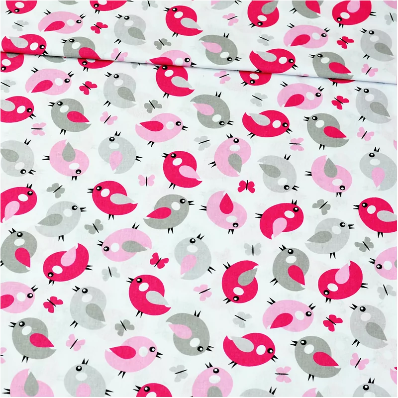 Tessuto di Cotone Uccelli Rosa e Grigio | Tissus Loup