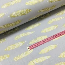 Tecido de Algodão com Pluma Dourada Fundo Cinza | Tissus Loup