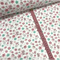 Katoenen stof Kleine roze en groene bloemen Nikita Loup