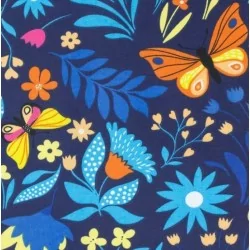 Mariposas de tela de algodón y flores azules. Nikita Loup