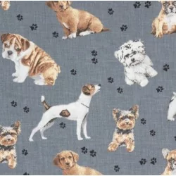 Tissu en coton avec chiens de race yorkshire, jack russel, carlin, bouldogue, bichon, schnauzer et pinscher.
Nikita Loup