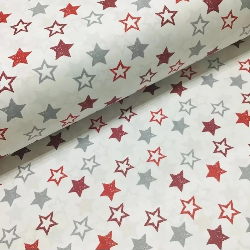 Tessuto di Cotone Stelle Rosse e Grigie | Tissus Loup