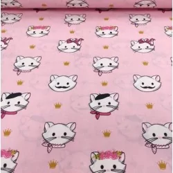 Tecido de Algodão com Cabeças de Gatos em Fundo Rosa | Tissus Loup