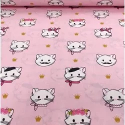 Tela de algodón Cabeza de gato Fondo rosa Nikita Loup