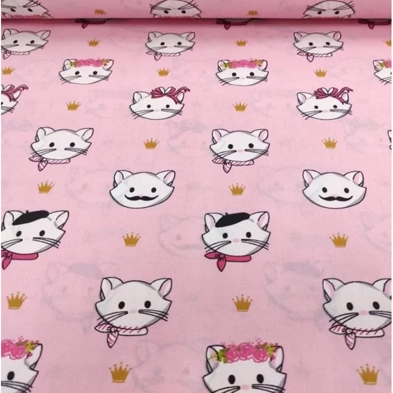 Tecido de Algodão com Cabeças de Gatos em Fundo Rosa | Tissus Loup