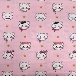 Tecido de Algodão com Cabeças de Gatos em Fundo Rosa | Tissus Loup