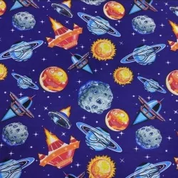 Spaceship and Planet Fabric Cotton Navy Blue Background Nikita Loup
