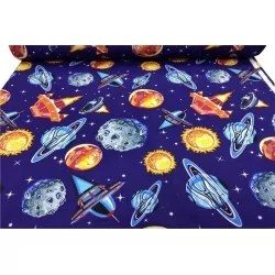 Spaceship and Planet Fabric Cotton Navy Blue Background Nikita Loup
