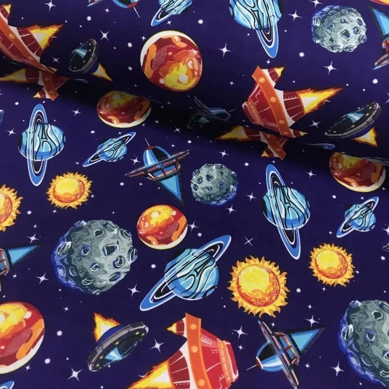 Spaceship and Planet Fabric Navy Blue Background Nikita Loup