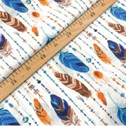 Blue and Orange Feathers and Pearls Fabric Cotton Nikita Loup