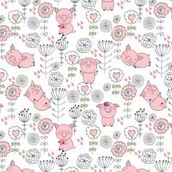 Tissu popeline coton | Petit Cochon heureux dans un champ de fleur et jouant avec un papillon.
Nikita Loup