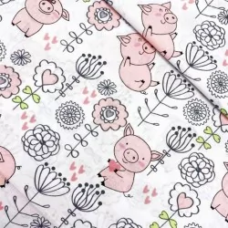 Tissu popeline coton | Petit Cochon heureux dans un champ de fleur et jouant avec un papillon.
Nikita Loup