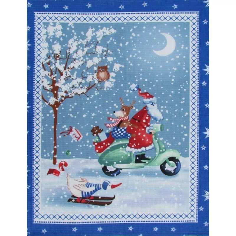 Santa Claus on a Scooter Festive Tea Towel Blue Frame Nikita Loup