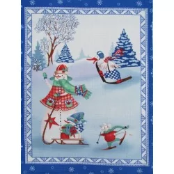 Panno da Festa Pupazzo di Neve e Compagnia Cornice Blu | Tissus Loup