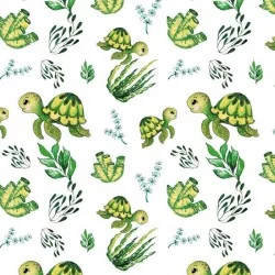 Tissu en Coton imprimé avec des Tortues des mers vertes et des plantes 
Nikita Loup