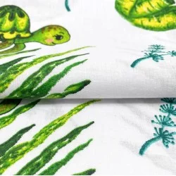 Tela de algodón impresa con tortugas y plantas de costura verde.
Nikita lobo
