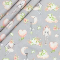 Cotton fabric printed with rabbits and dormant bears.Fabric for bed linen.Nikita Loup