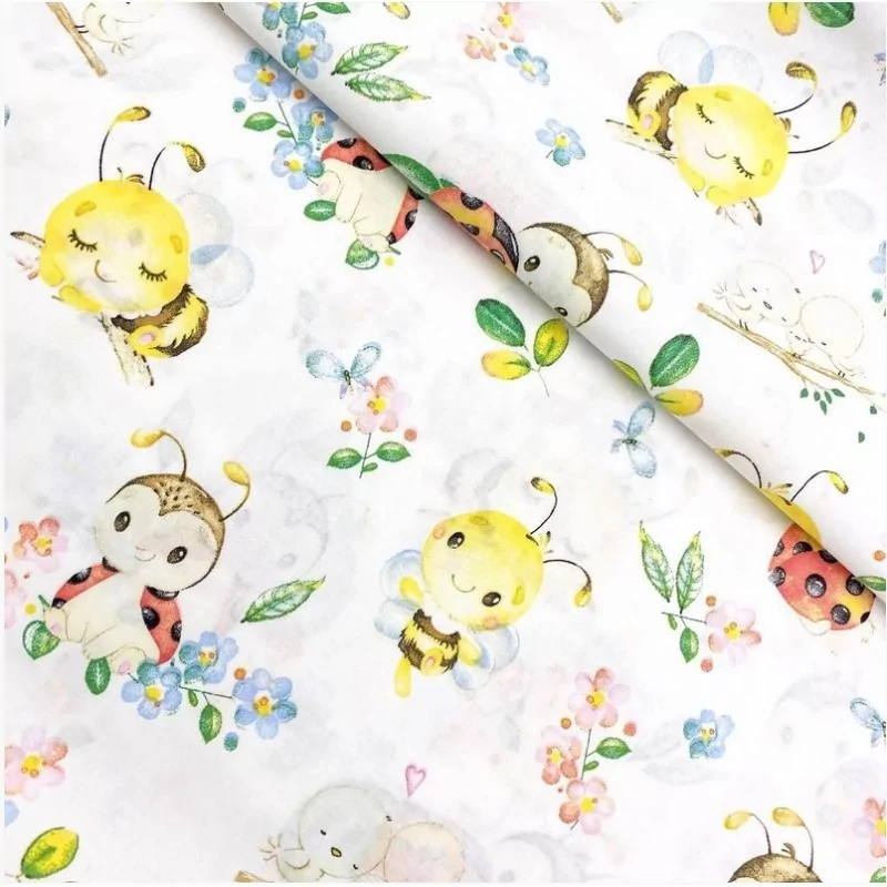 Fabric with bees, ladybug and small bird lovers with pink and blue fluffy.Nikita Loup