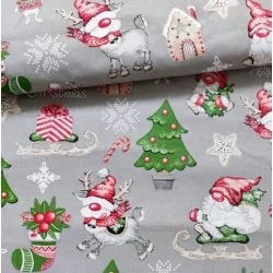 Weihnachtsbaumstoff Elfen, Rentiere und Mäuse Grauer Hintergrund Nikita Loup