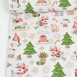Christmas Elves, Reindeer and Mice Fabric Cotton  White Background Nikita Loup