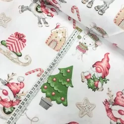 Tissu Coton Lutins de Noël, Rennes et Souris Fond Blanc | Tissus Loup