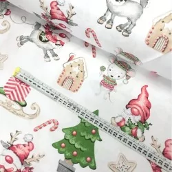 Christmas Elves, Reindeer and Mice Fabric Cotton  White Background Nikita Loup
