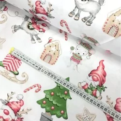 Tecido de Algodão Duendes de Natal, Renas e Ratos Fundo Branco | Tissus Loup