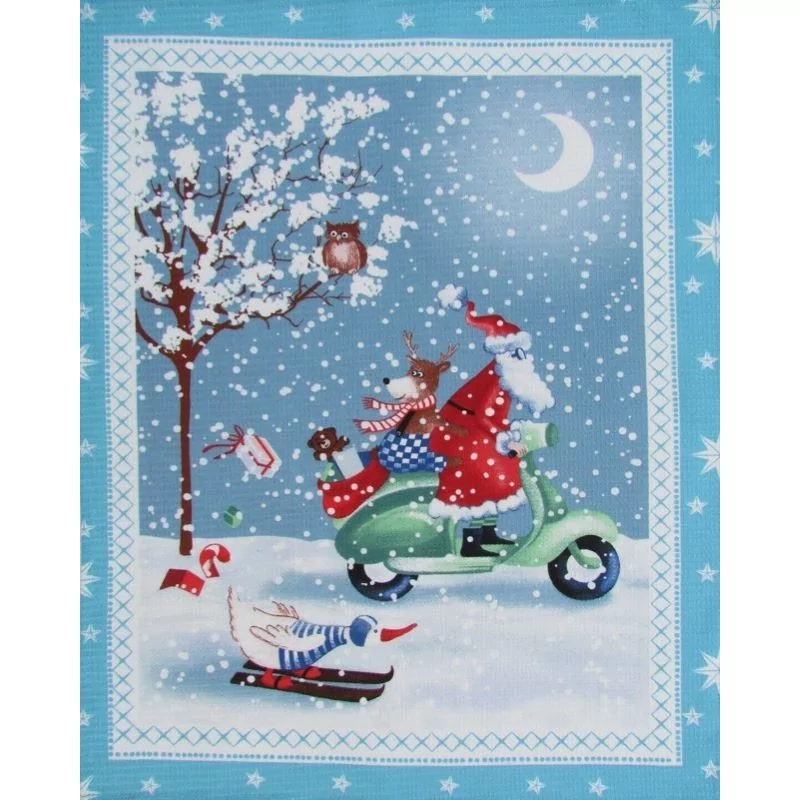 Santa Claus on a Scooter Festive Tea Towel Nikita Loup