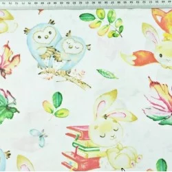 Cotton fabric printed with smart animals.
The fox, the rabbit, the owl, the raccoon, the badger.
Nikita Loup