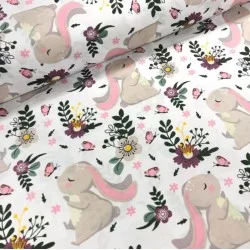 Rabbit cotton fabric in the flowers| Wolf Fabrics