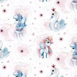 Unicorn and Swan White Background Fabric Cotton Nikita Loup