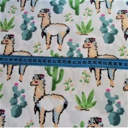 Tessuto Lama e Cactus su Fondo Bianco | Tissus Loup