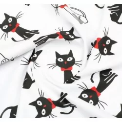 Cotton fabric black and white cat white background | Wolf Fabrics