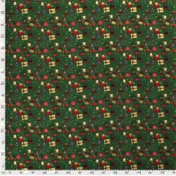 Tela de regalos y bolas de Navidad fondo verde | Telas Lobo