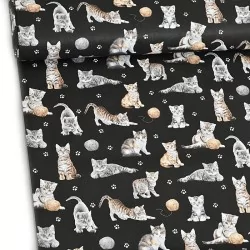 Fabric Cotton Kitten with Ball of Wool Black background | Wolf Fabrics