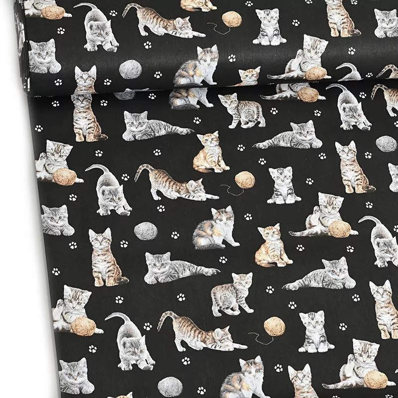 Fabric Cotton Kitten with Ball of Wool Black background | Wolf Fabrics