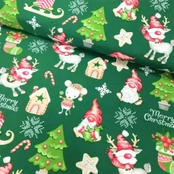 Tecido de Algodão Duendes de Natal, Renas e Ratos Fundo Verde | Tissus Loup