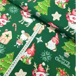 Elfos de Navidad de tela, Rennes y Ratón Fondo Verde | Telas Lobo