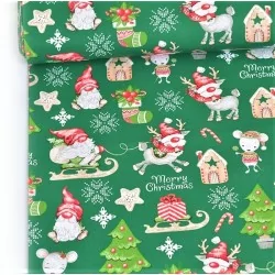 Christmas Elves, Reindeer and Mice Fabric Cotton  Green Background | Wolf Fabrics