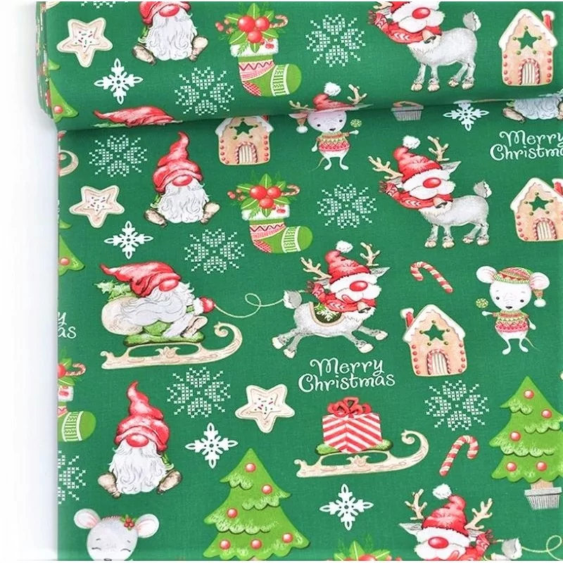Tecido de Algodão Duendes de Natal, Renas e Ratos Fundo Verde | Tissus Loup