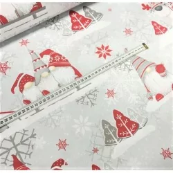 Tessuto di Cotone Elfi di Natale Cappelli Rossi e Grigi | Tissus Loup